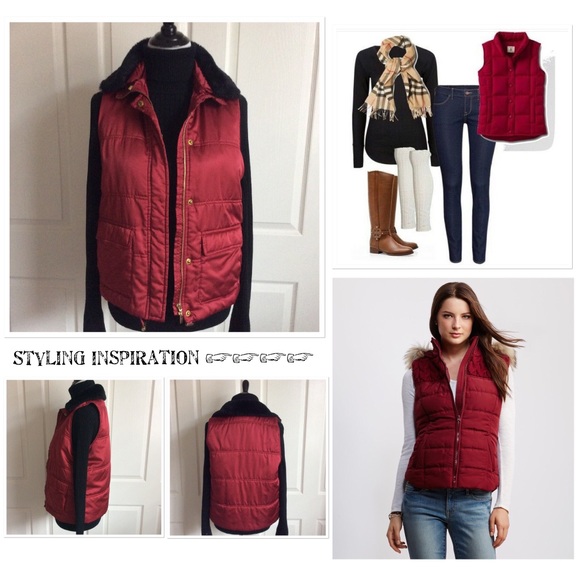 Charter Club Jackets & Blazers - Red Puffy Vest w/Detachable Faux Fur Collar